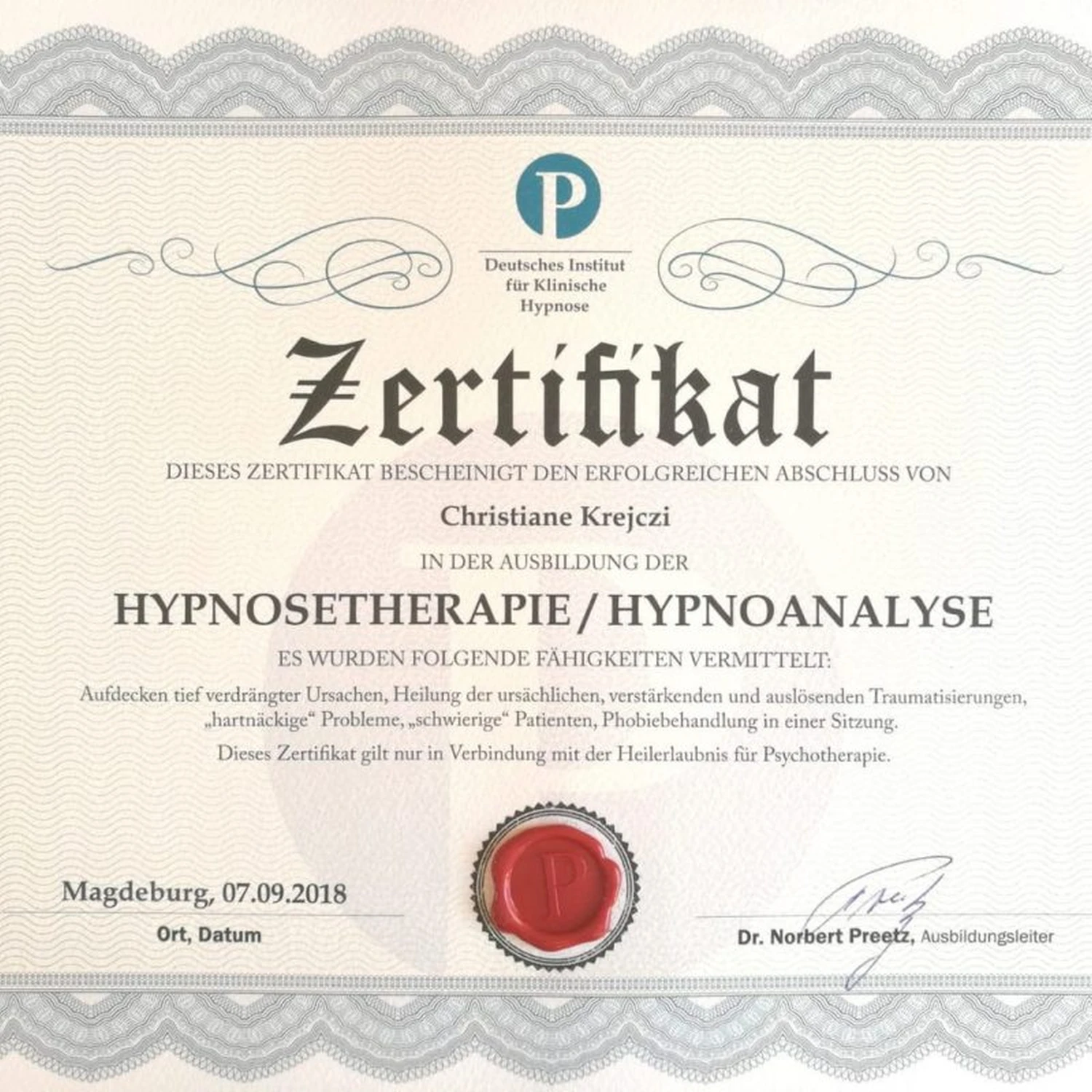 Klinische Hypnose München - Christiane Krejczi, Zertifikat